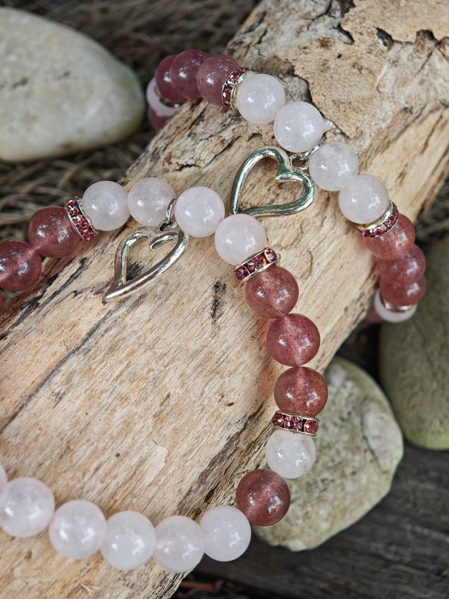 Rosenquarz & Erdbeerquarz Armband mit Herz