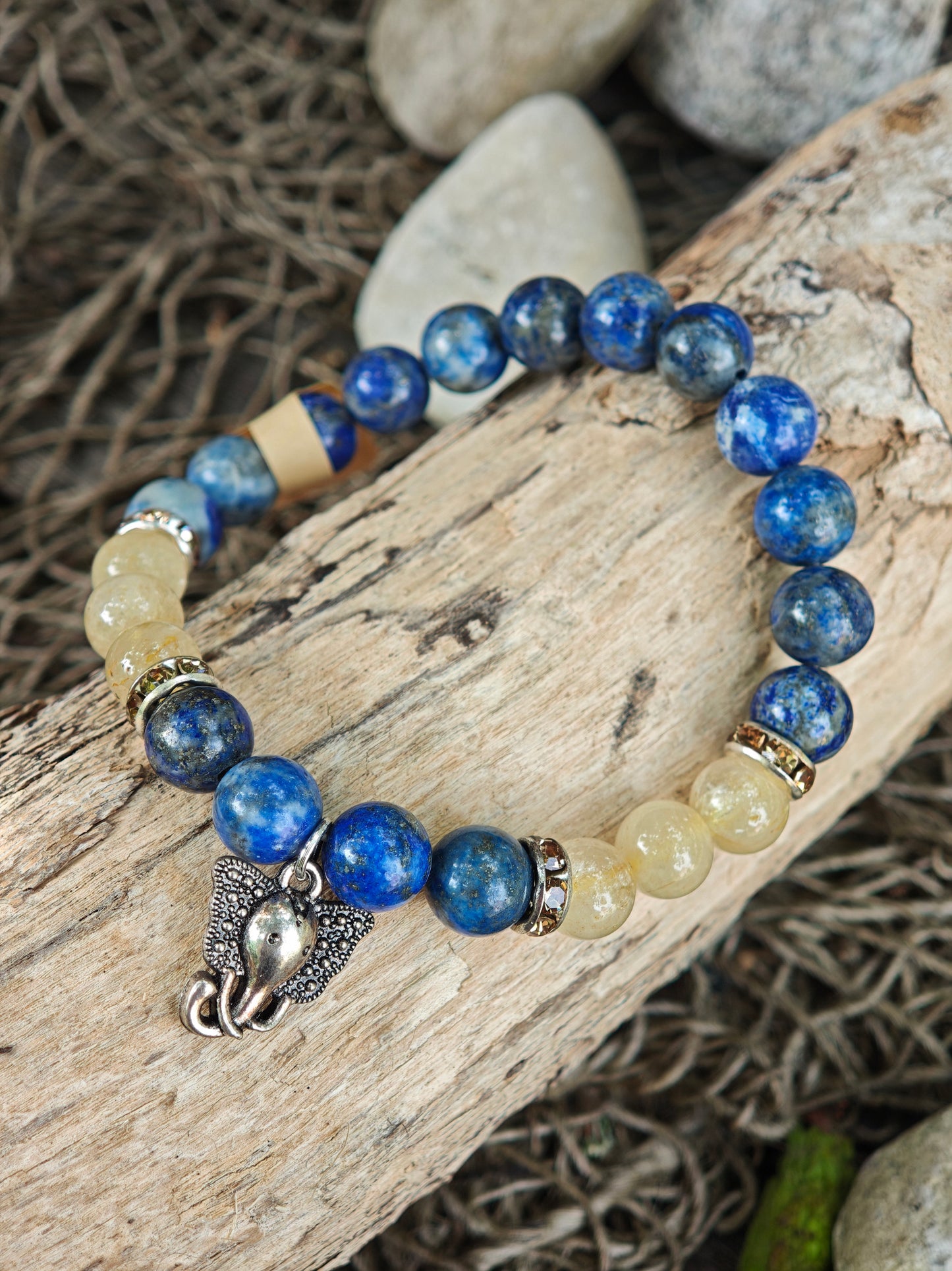 Lapislazuli & Rutilquarz Armband mit Ganesha