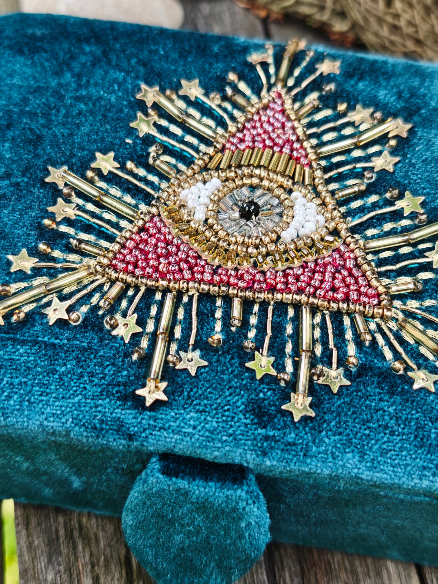 Tarotbox petrol Samt mit Auge der Vorsehung