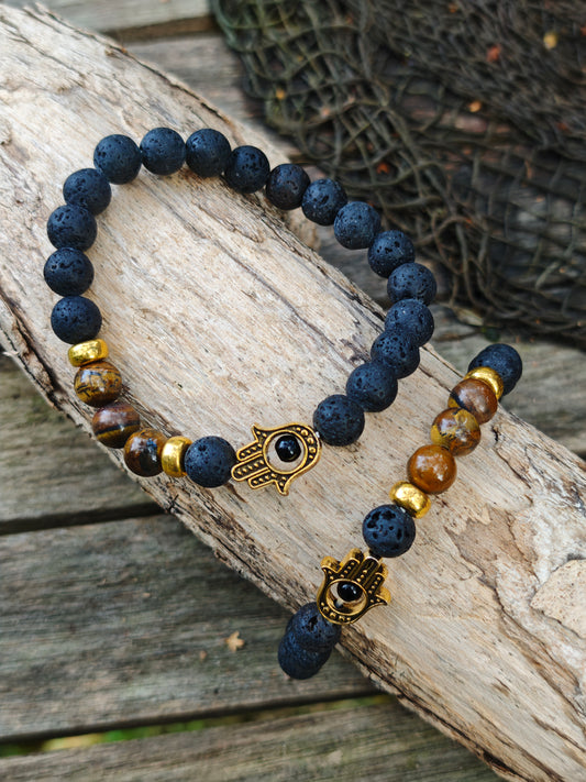 Armband mit Lava-Stein, Hamsa Hand und Tigerauge