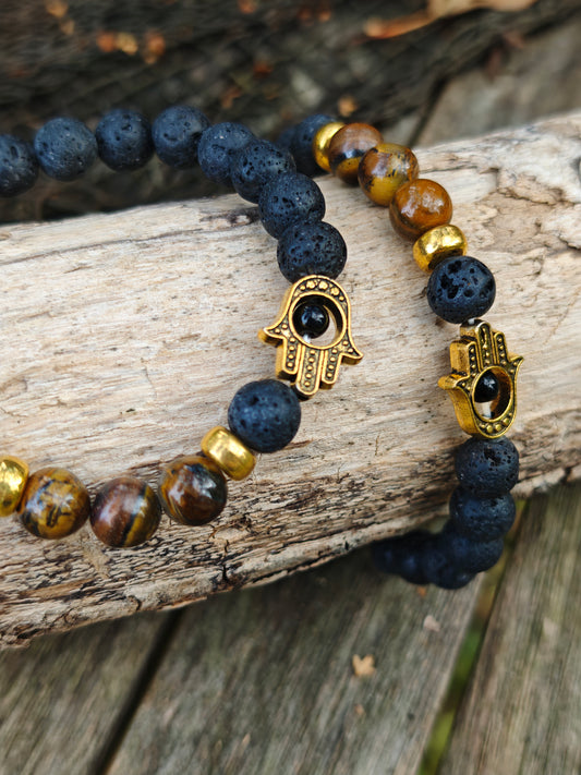 Armband mit Lava-Stein, Hamsa Hand und Tigerauge