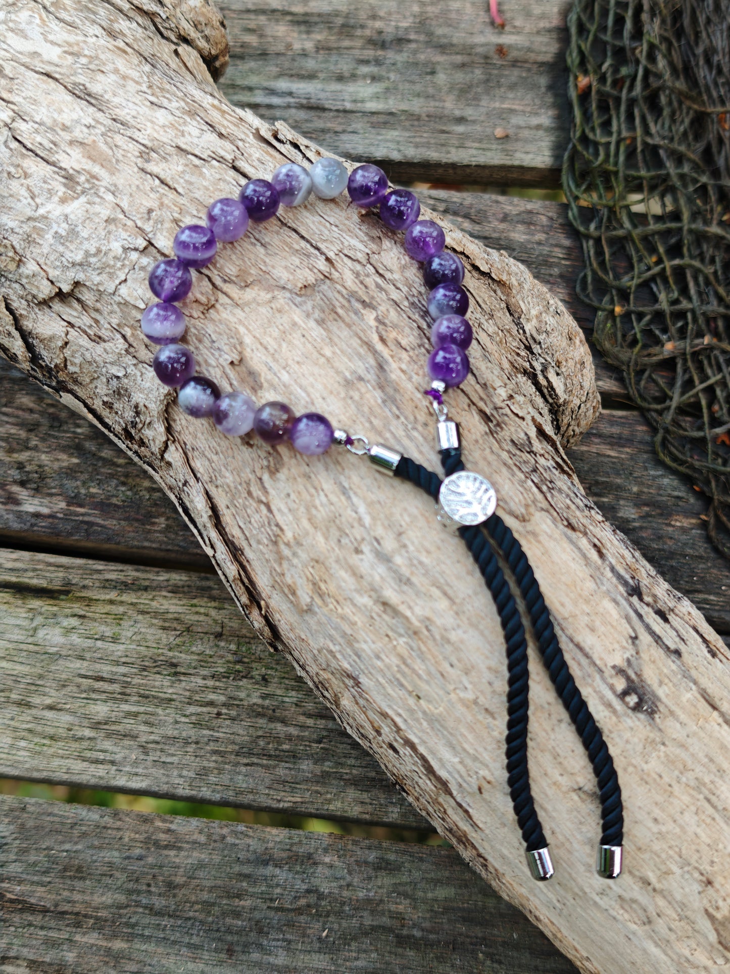 925 versilbertes Edelstein-Schnurarmband mit Amethyst – verstellbar