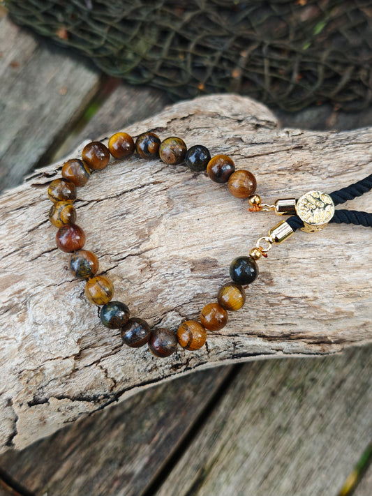 18K vergoldetes Edelstein-Schnurarmband mit Tigerauge – verstellbar