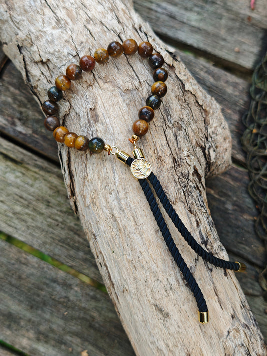 18K vergoldetes Edelstein-Schnurarmband mit Tigerauge – verstellbar