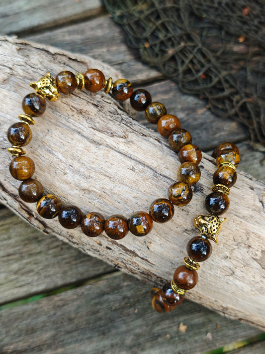 Boho-Armband mit Tigerauge & goldenem Tigerkopf