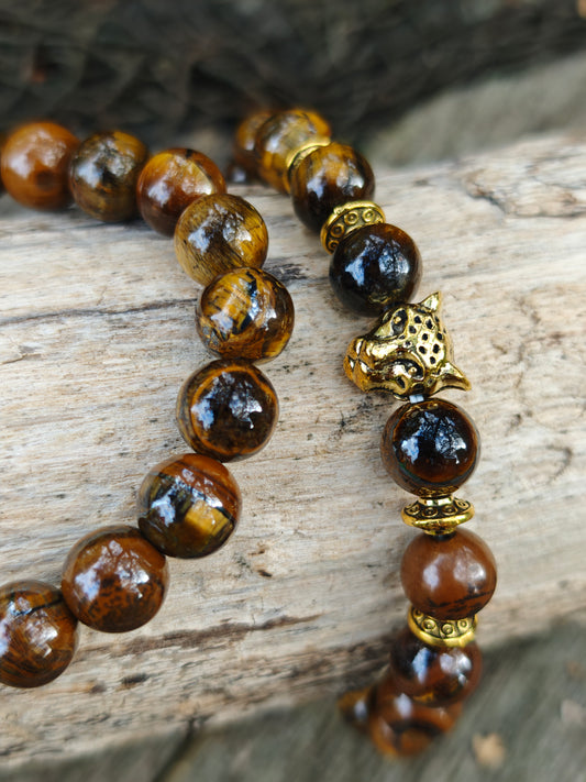 Boho-Armband mit Tigerauge & goldenem Tigerkopf