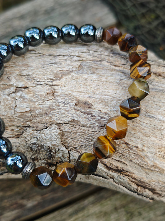 Armband mit facettierten Tigerauge-Perlen & Hämatit