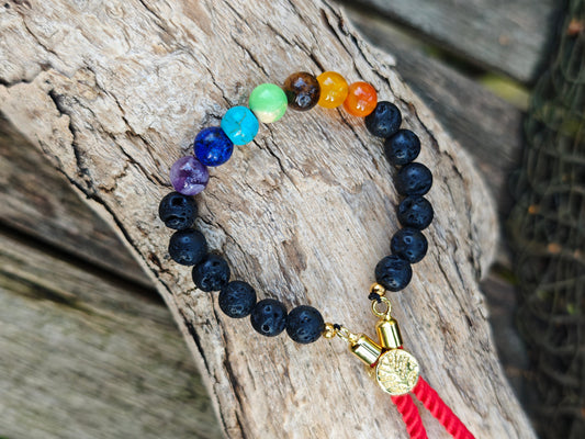 18K vergoldetes Edelstein-Schnurarmband mit Lavastein & Chakra-Steinen – verstellbar