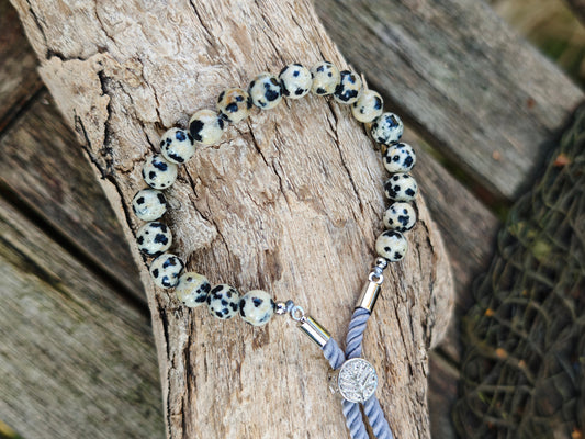 925 versilbertes Edelstein-Schnurarmband mit Dalmatiner-Jaspis – verstellbar