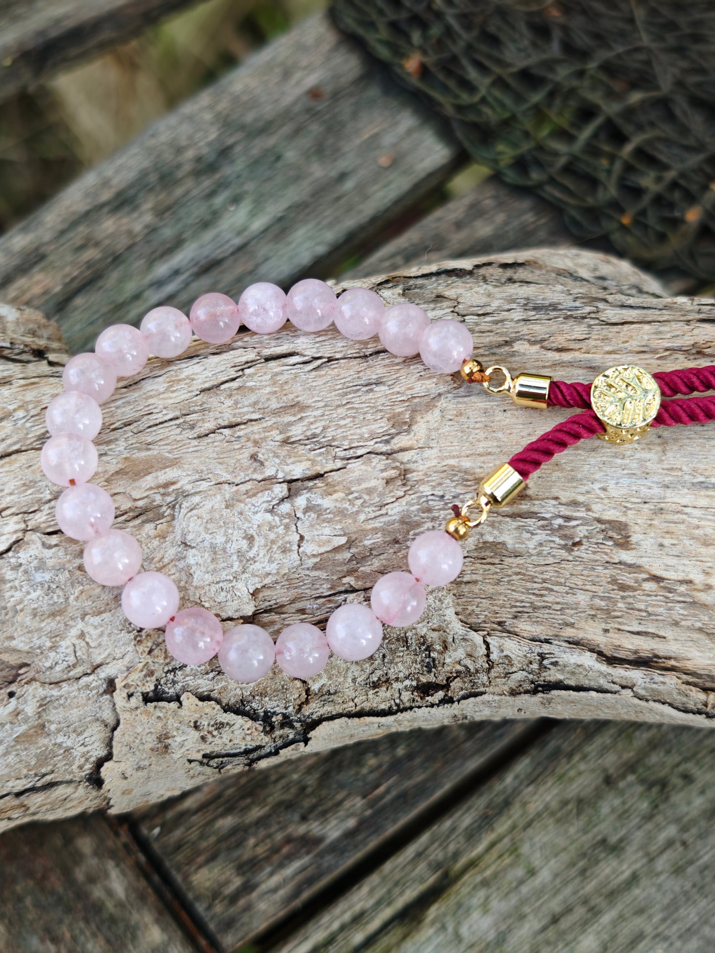 18K vergoldetes Edelstein-Schnurarmband mit Rosenquarz – verstellbar