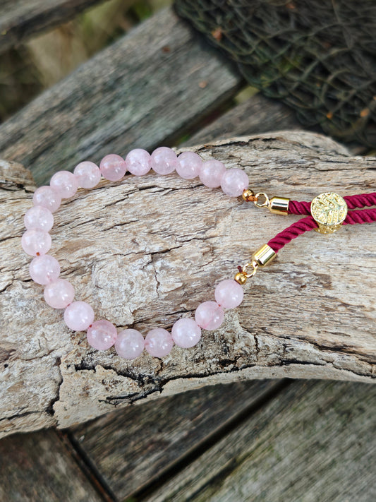 18K vergoldetes Edelstein-Schnurarmband mit Rosenquarz – verstellbar