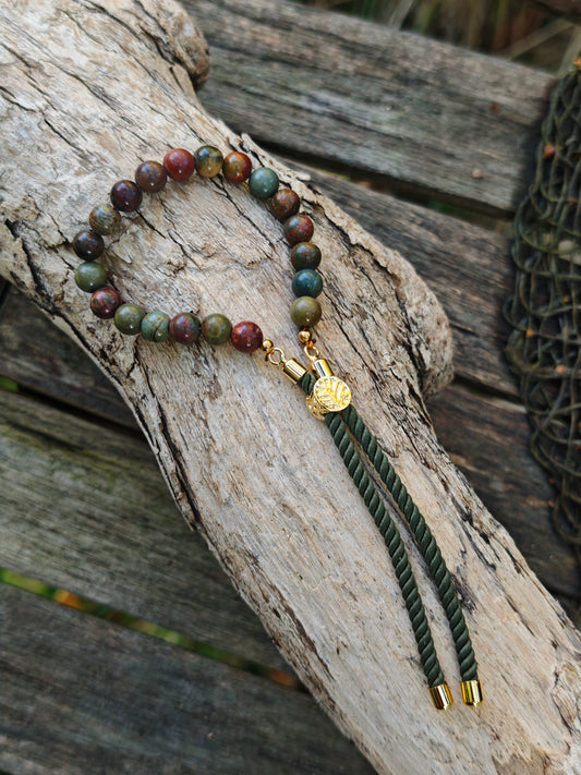 18K vergoldetes Edelstein-Schnurarmband mit Picasso Jaspis – verstellbar