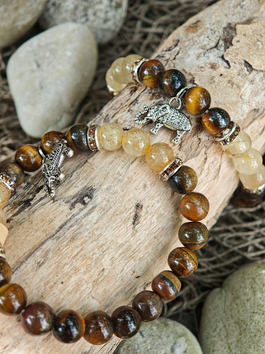 Tigerauge & Rutilquarz Armband mit Elefant