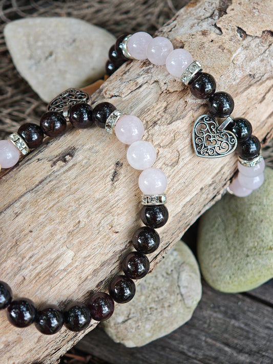 Granat & Rosenquarz Armband mit Herz