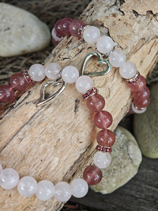 Rosenquarz & Erdbeerquarz Armband mit Herz