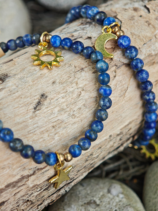 Lapislazuli Armband mit Stern/Mond/Sonne Anhängern