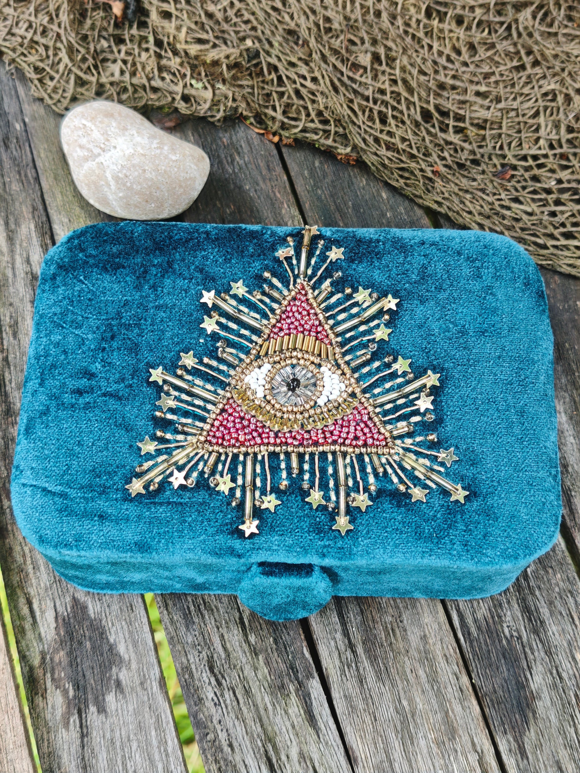 Tarotbox petrol Samt mit Auge der Vorsehung