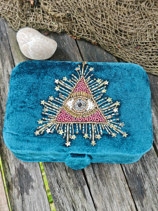 Tarotbox petrol Samt mit Auge der Vorsehung
