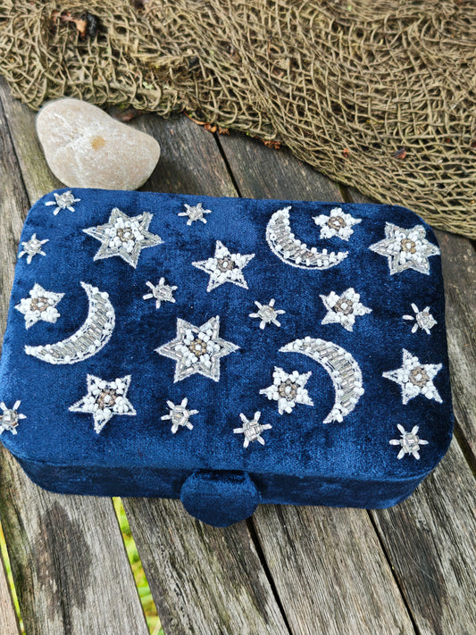Tarotbox Samt-Dunkelblau mit Mond & Sternen