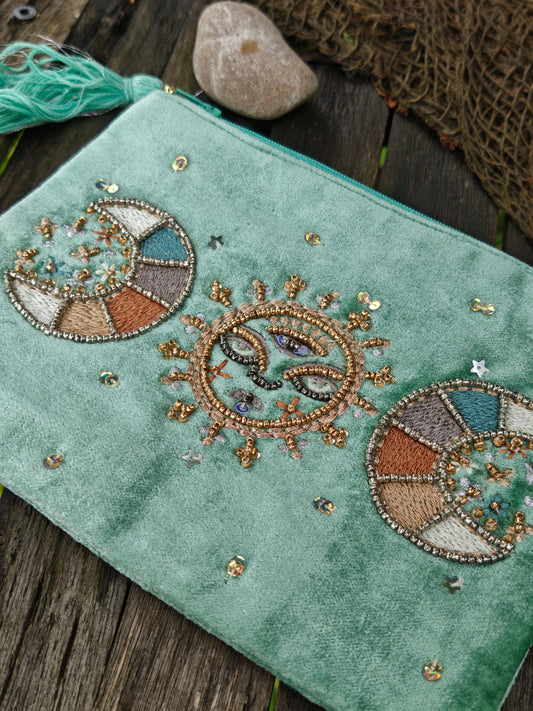 Samt‑Mäppchen Mint mit Mondphasen