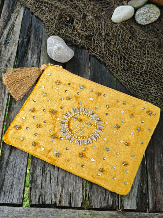 Samt‑Mäppchen Gelb mit Sonne
