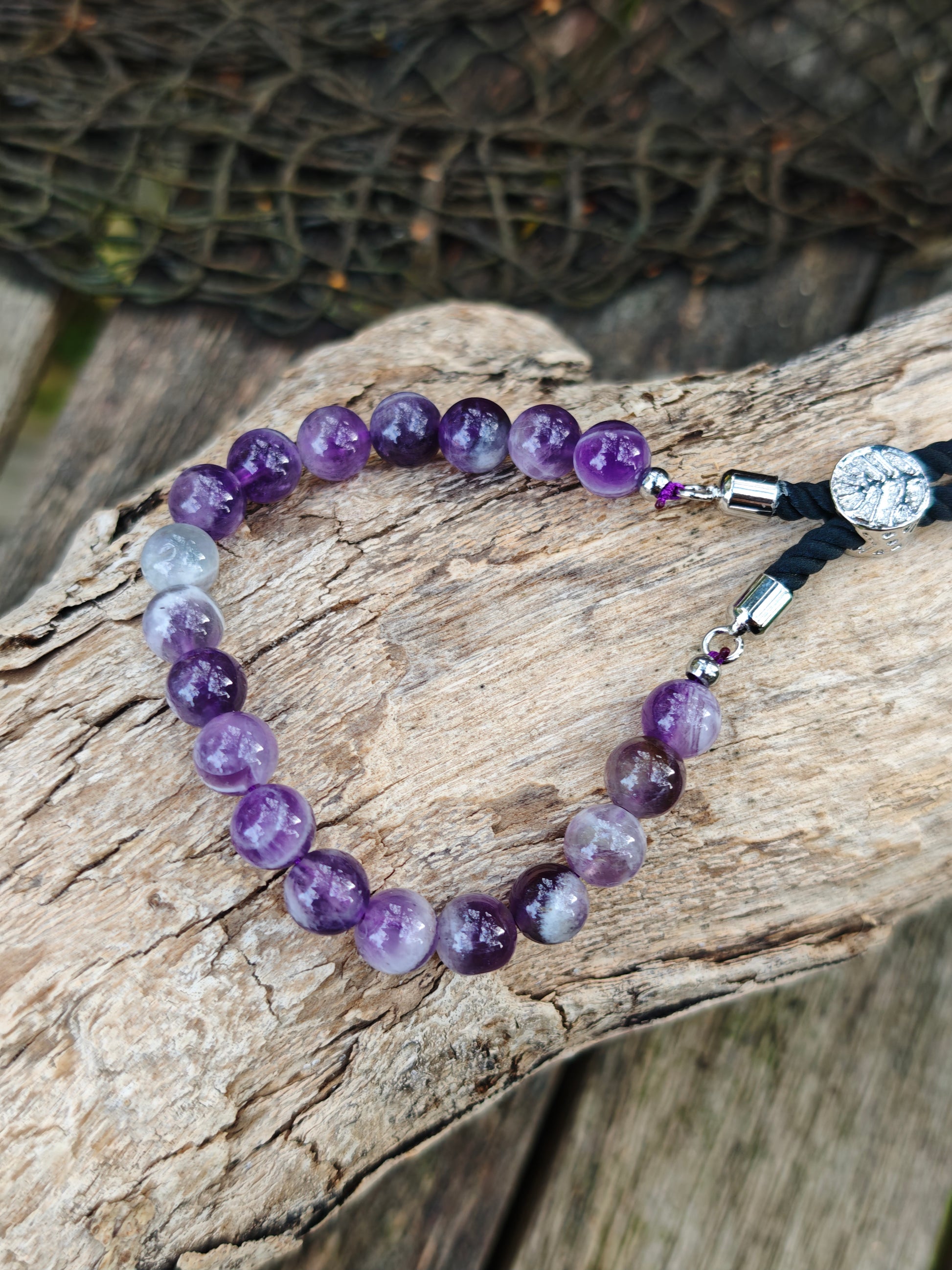 925 versilbertes Edelstein-Schnurarmband mit Amethyst – verstellbar