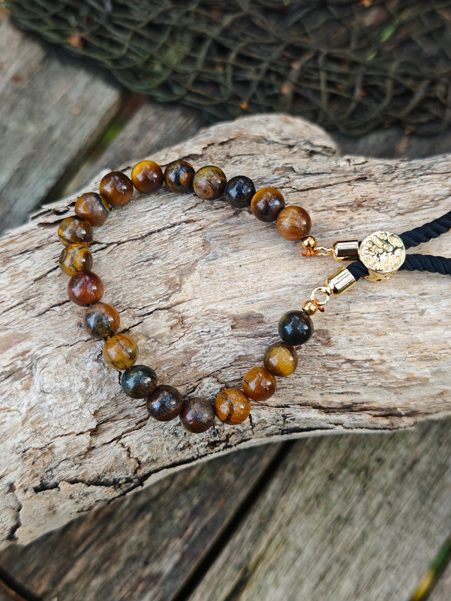 18K vergoldetes Edelstein-Schnurarmband mit Tigerauge – verstellbar