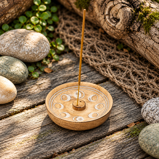 Räucherstäbchenhalter Mondphasen aus Mangoholz