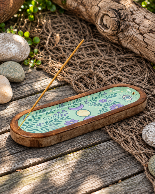 Räucherstäbchenhalter dreifacher Mond aus Mangoholz – türkis